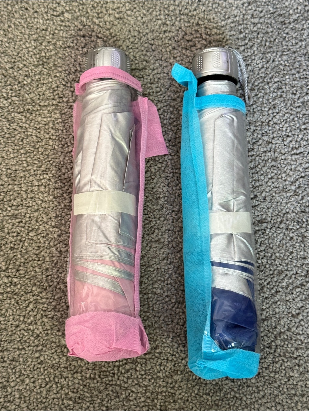 2 Pack! Portable Travel Umbrellas Silver with 1 Pink/1 Blue Accents & Bag/Sleeve